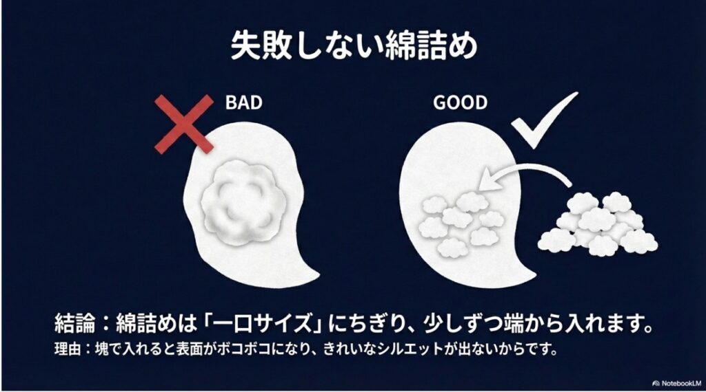 表面がボコボコにならない綿の詰め方。一口サイズにちぎって少しずつ詰めるコツ