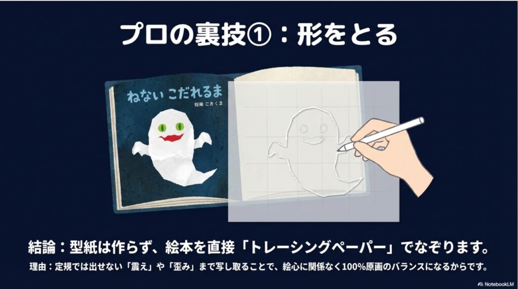 絵本のページにトレーシングペーパーを重ねておばけの形を鉛筆でなぞる様子