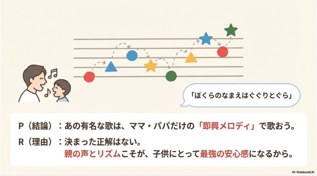 ぐりとぐらの有名な歌をママやパパの即興メロディで歌う楽しさを表した図解
