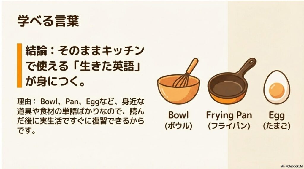 しろくまちゃんのホットケーキで学べる生きた英単語（ボウル、フライパン、たまご）