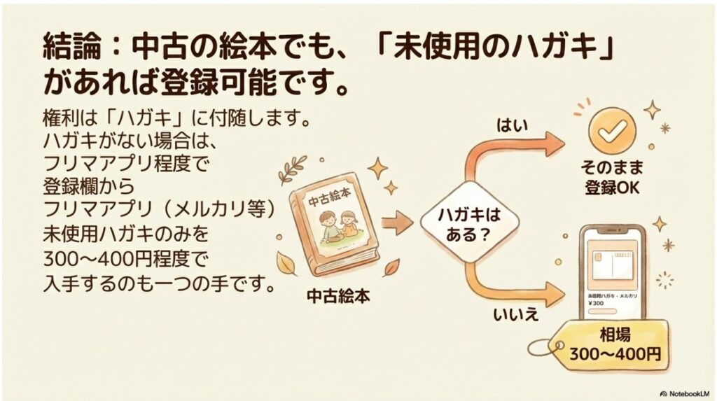 中古の絵本でも未使用ハガキがあれば登録可能。メルカリさんでの取引相場イメージ