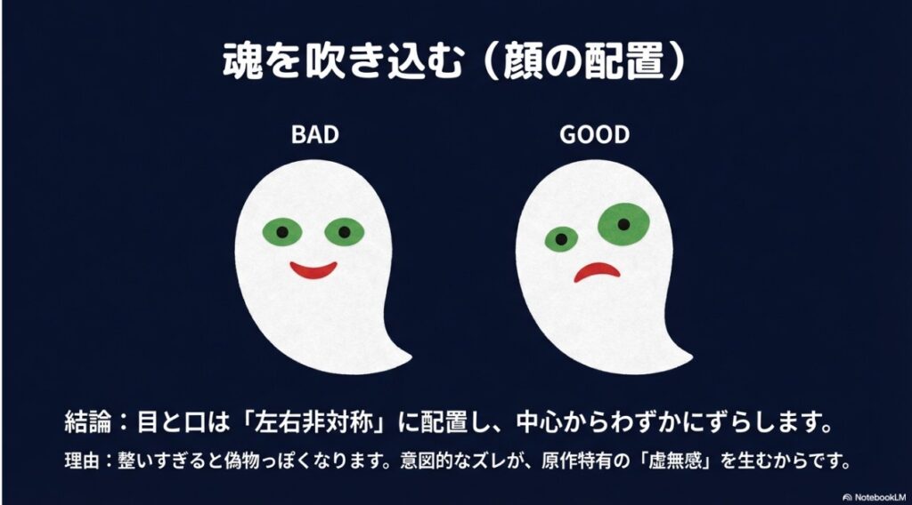 おばけの目の黄金比解説。左右非対称に配置して原作の表情を再現するコツ