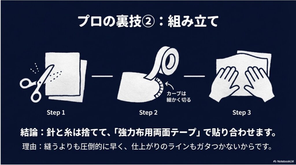 針を使わずに両面テープでフェルトを貼り合わせて綿を詰める3ステップの解説図