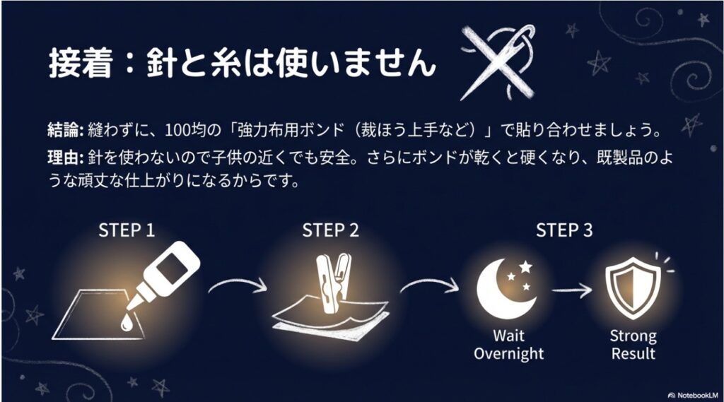 針と糸を使わずに布用ボンドで接着する3つのステップ