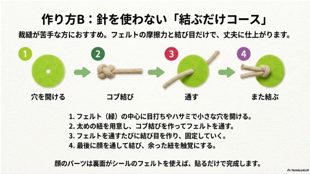 針と糸を使わずに紐を結ぶだけで作るはらぺこあおむしの簡単な手順