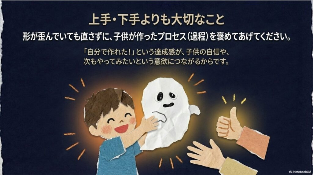 形が歪んでいても直さずに子供が作ったプロセスを褒める大切さを伝える、笑顔の子供とおばけのイラスト