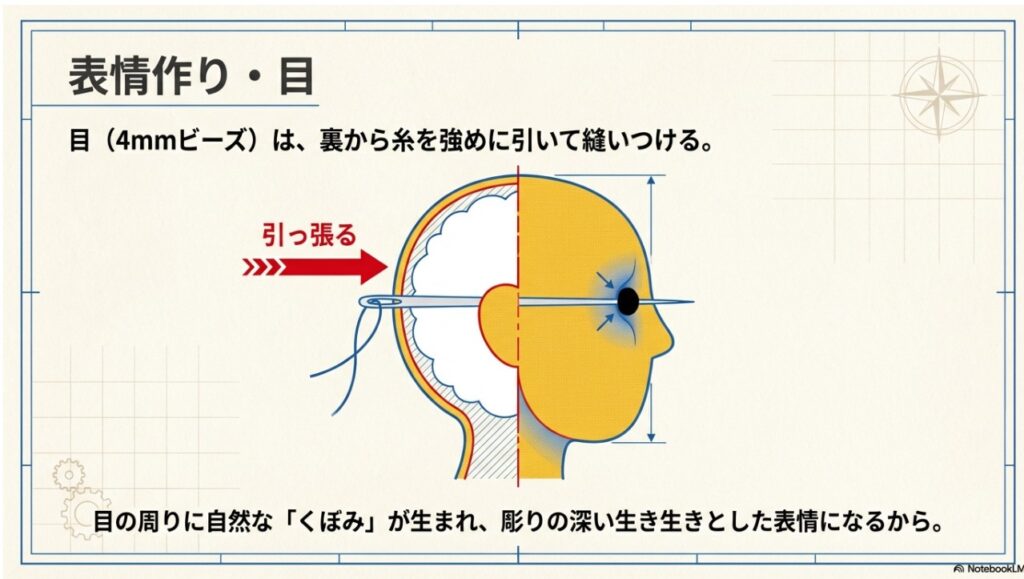 糸を強めに引いて目の周りに自然なくぼみを作る表情作りのテクニック