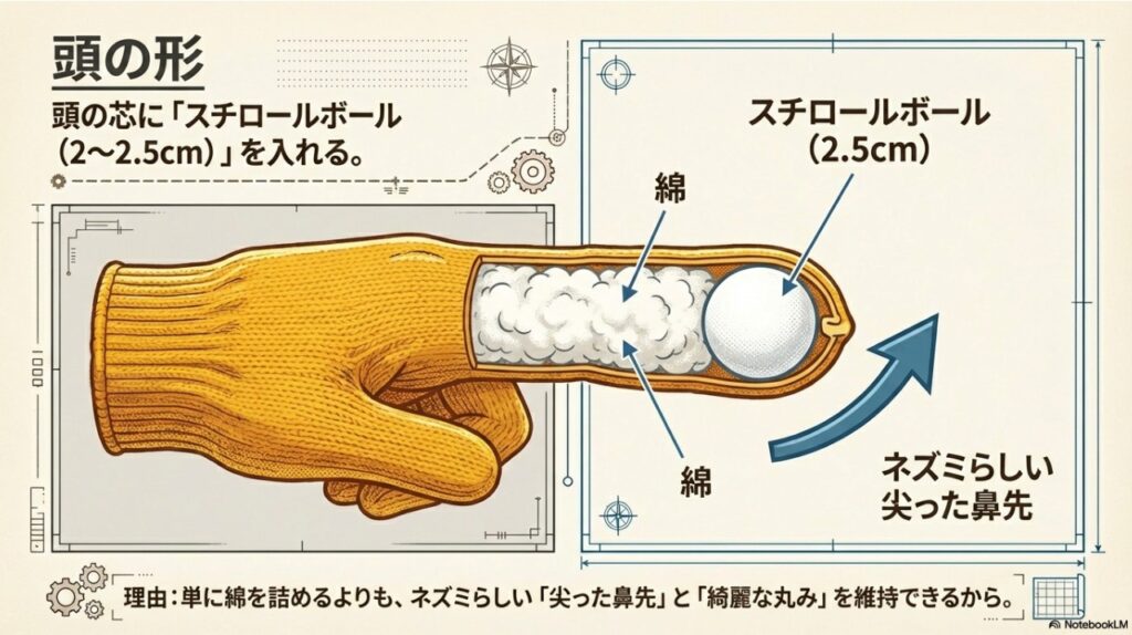 スチロールボールと綿を使用してネズミらしい尖った鼻先を作る方法