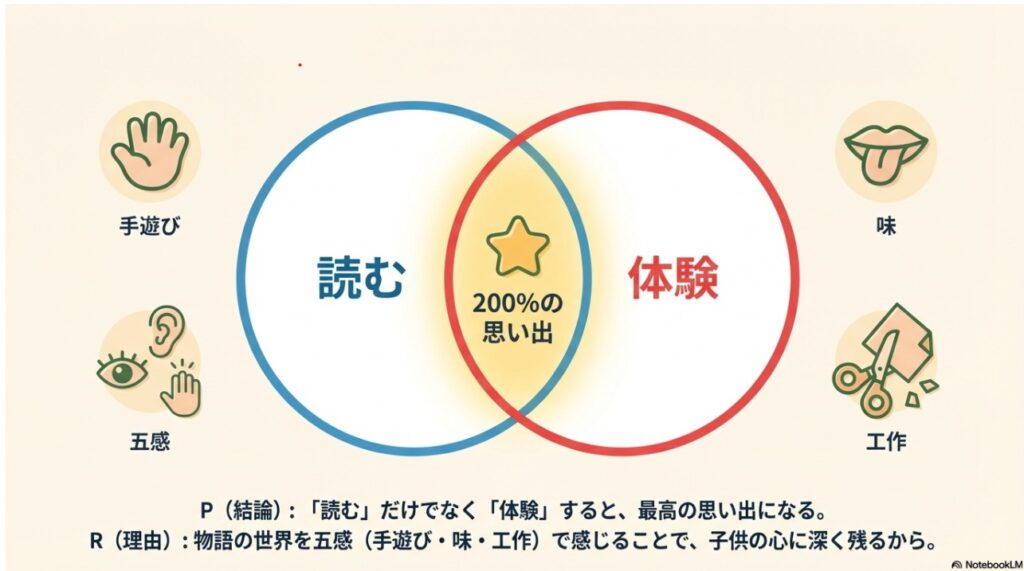 絵本を「読む」ことと「体験」することを組み合わせて200パーセントの思い出を作る図解