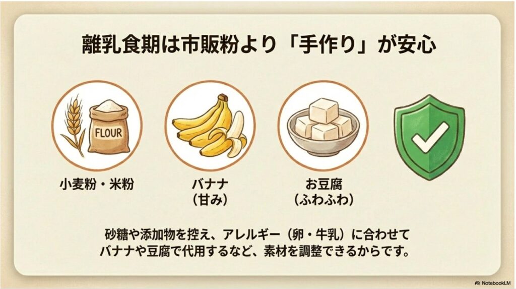 離乳食期のホットケーキ作りに適した小麦粉やバナナ、お豆腐などの安心な手作り素材