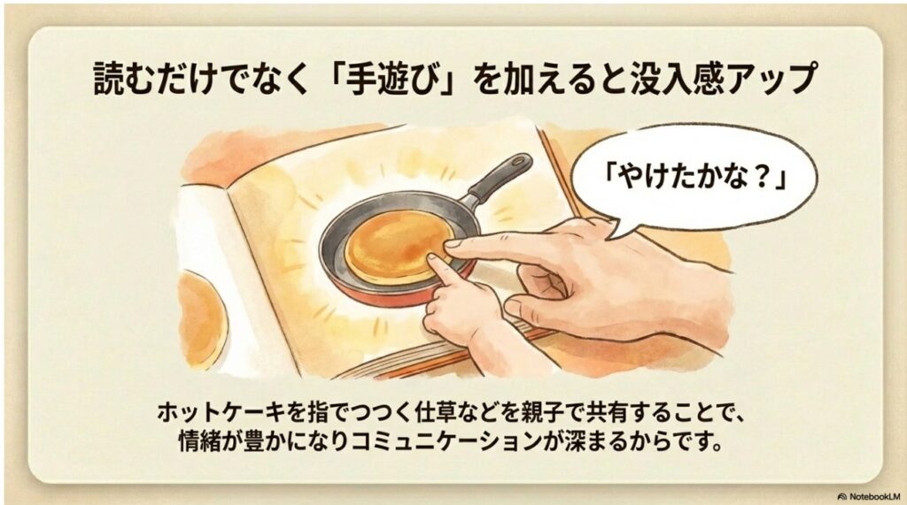 絵本の中のホットケーキを指でつつく仕草を親子で共有し没入感をアップさせる様子