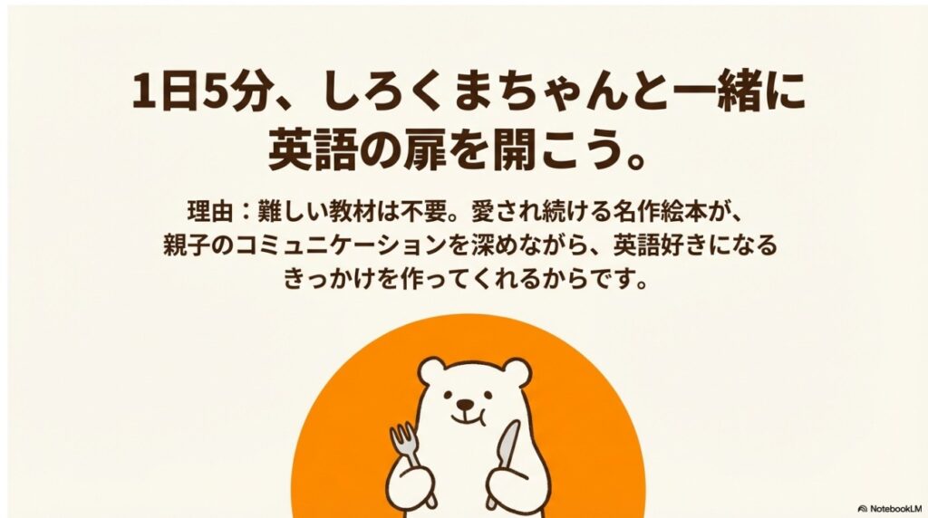 1日5分しろくまちゃんと一緒に英語の扉を開こうというメッセージ