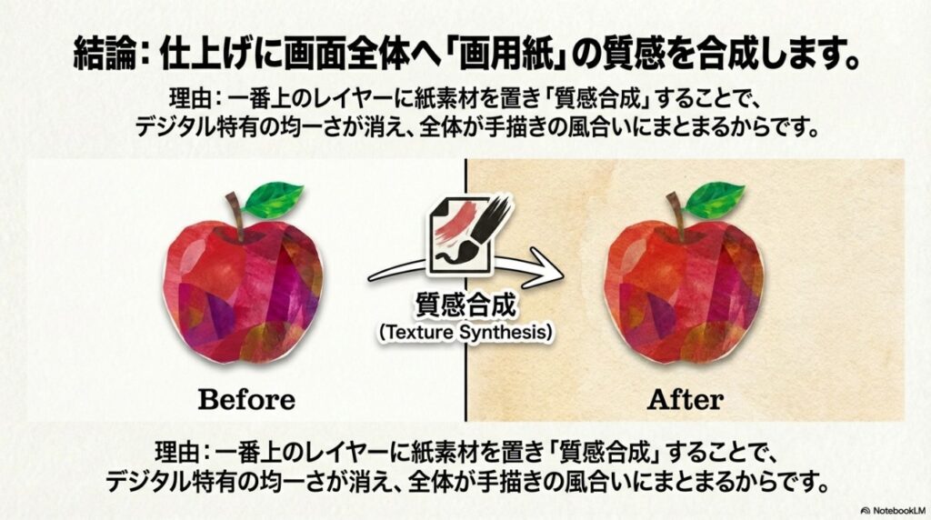 仕上げに画用紙の質感を合成する機能のBefore After比較図