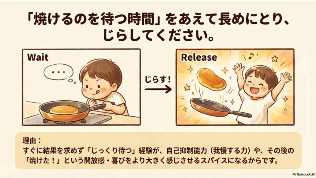 ホットケーキが焼けるのを待つ忍耐力と完成した瞬間の喜びを分かち合う様子