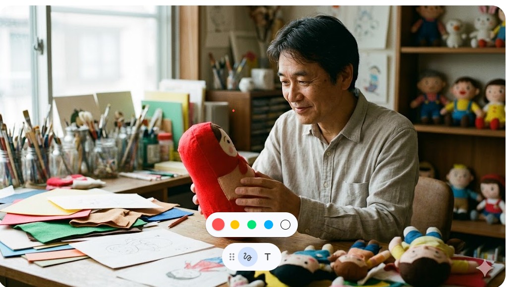 だるまさんのパペットを手に取り優しく見つめるかがくいひろし（加岳井広）さんをイメージした男性