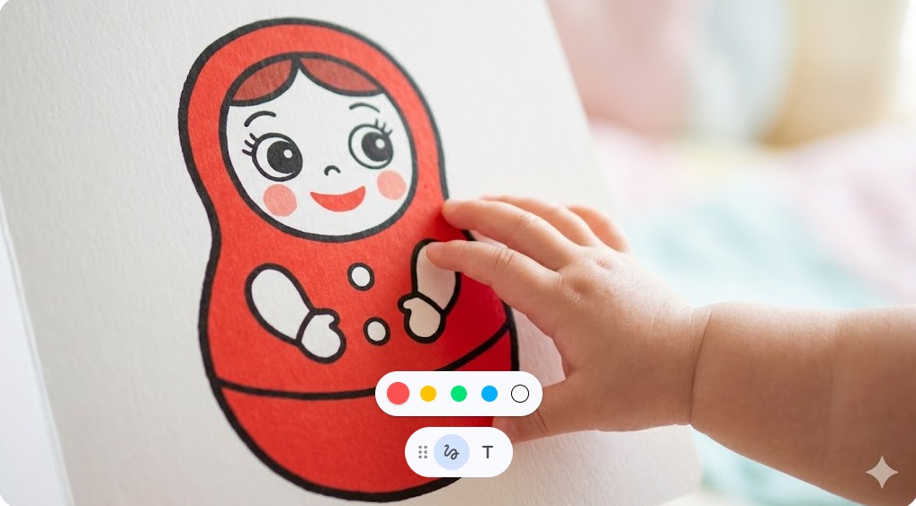 赤ちゃんの小さな手が鮮やかな赤色の丸いだるまさんのイラストに触れているアップ写真