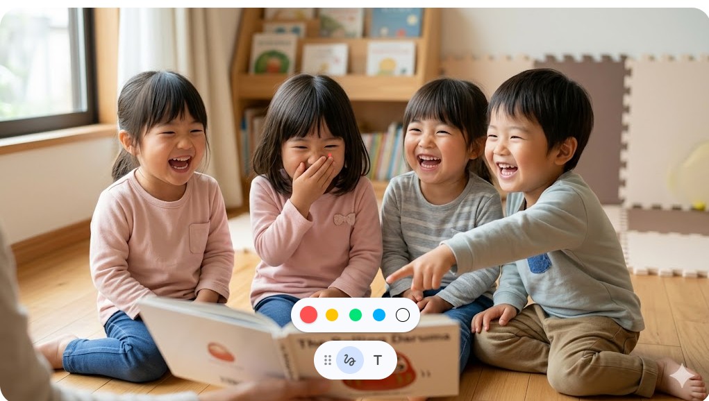 絵本のずっこける展開を見て心から笑い合っている日本人の子供たち