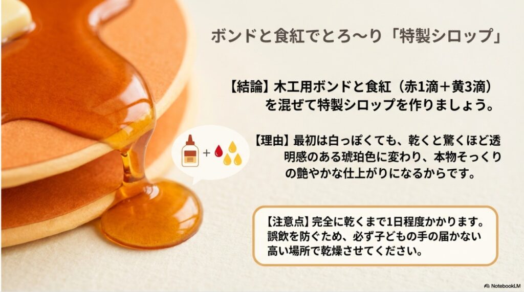 木工用ボンドと食紅を混ぜて作った艶やかで透明感のある特製シロップ