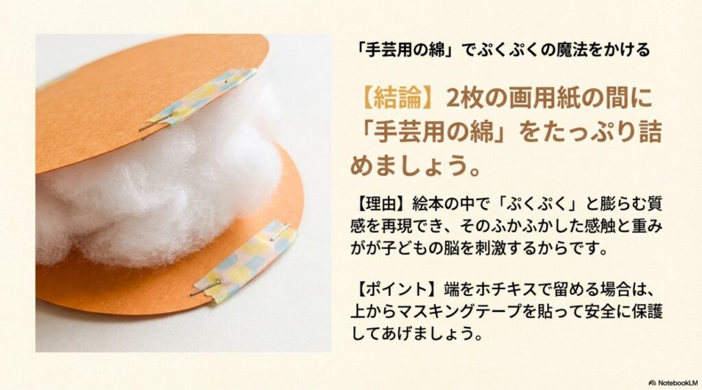 2枚のオレンジ色の画用紙の間に手芸用の綿を詰める製作工程