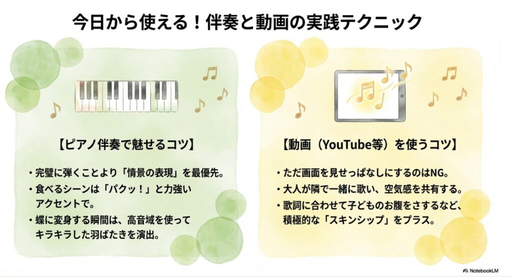 ピアノ伴奏と動画活用の実践テクニック。パクッとする力強いアクセントやキラキラした羽ばたきの演出。