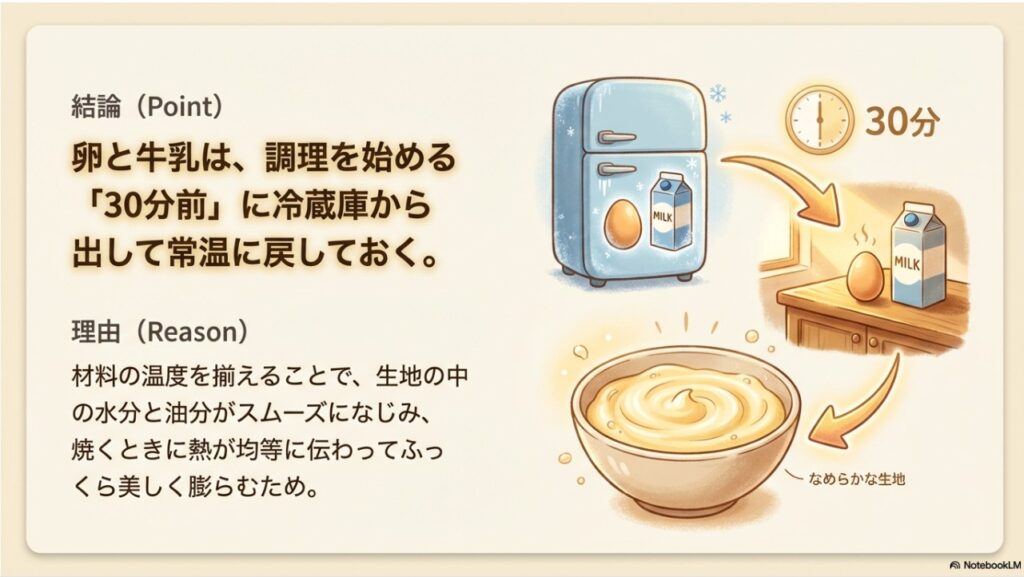 調理30分前に卵と牛乳を冷蔵庫から出して常温に戻す手順のイラスト