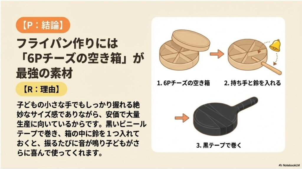 6Pチーズの空き箱と割り箸を使った手作りフライパンの製作ステップ