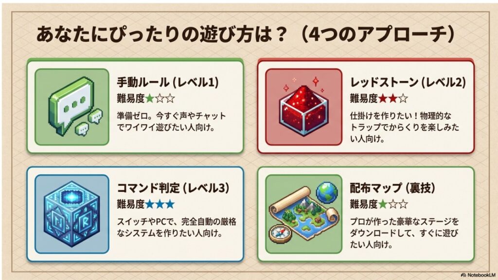 手動ルール、レッドストーン、コマンド判定、配布マップの4つのアプローチの難易度比較