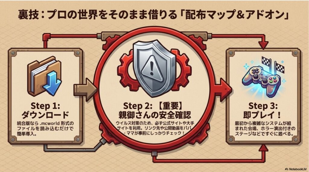 配布マップのダウンロード、安全確認、即プレイの3ステップ手順