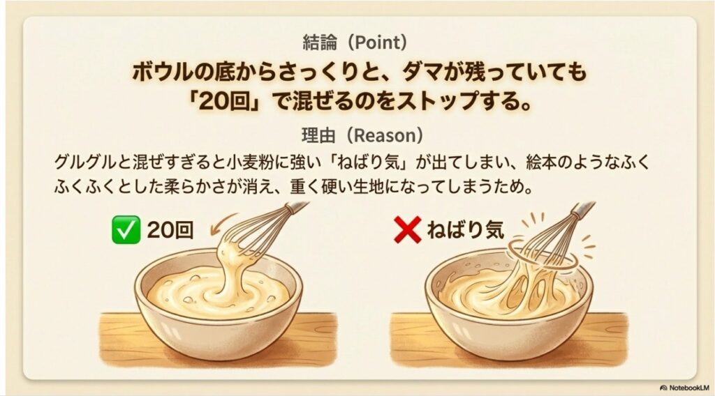 ほっとけーき生地を20回で混ぜるのを止めてねばり気を抑えるコツ