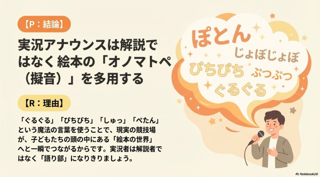 絵本のオノマトペを多用して語り部になりきる実況アナウンスのポイント