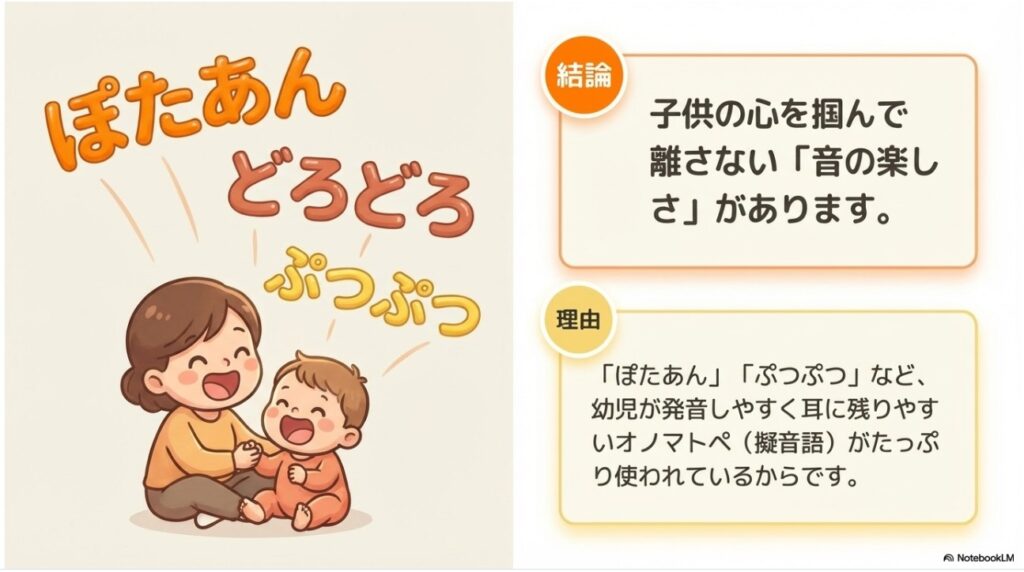 ぽたあん、どろどろといったオノマトペを親子で楽しむ様子