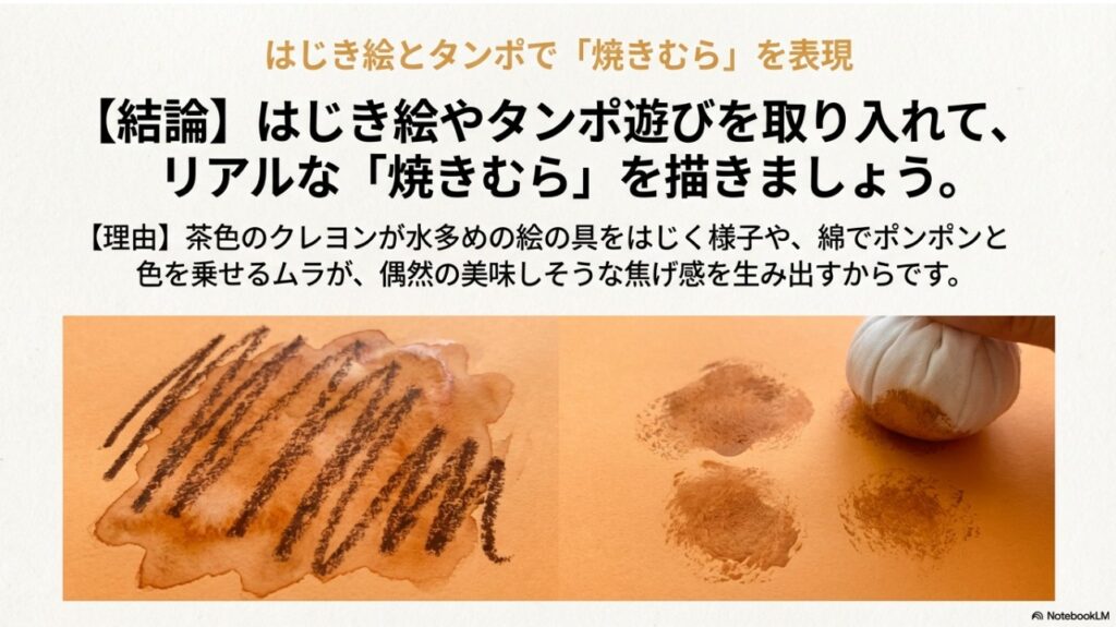 はじき絵とタンポ遊びによって表現されたほっとけーきのリアルな焼きむら