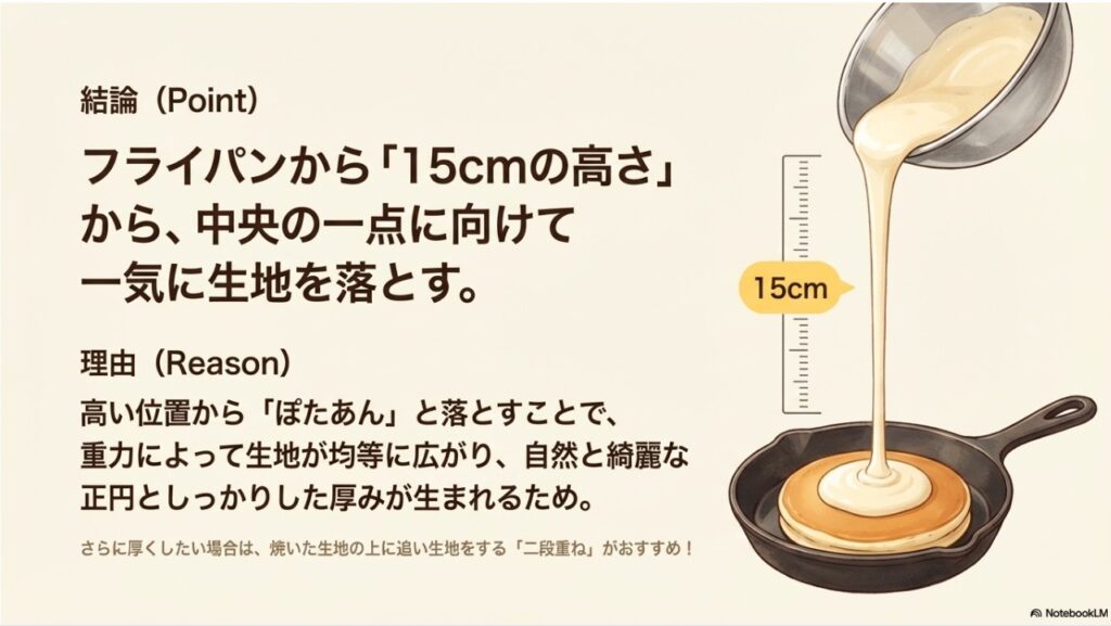 フライパンから15cmの高さから生地を落として綺麗な円形を作る方法