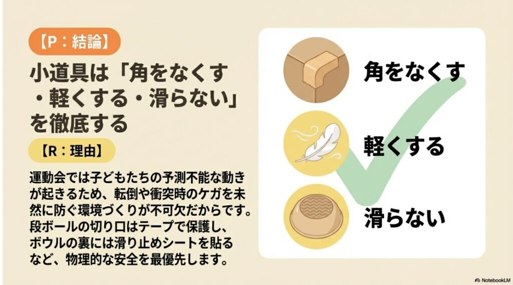 安全な小道具作りの3原則:角をなくす・軽くする・滑らないのチェック項目