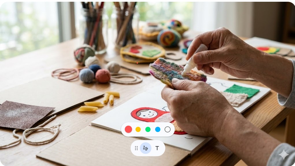 パスタやフェルトなどの素材を使って手作りの感触絵本を制作している手元の様子