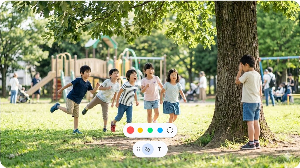 公園でだるまさんがころんだの遊びを楽しんでいる日本人の子供たちのグループ