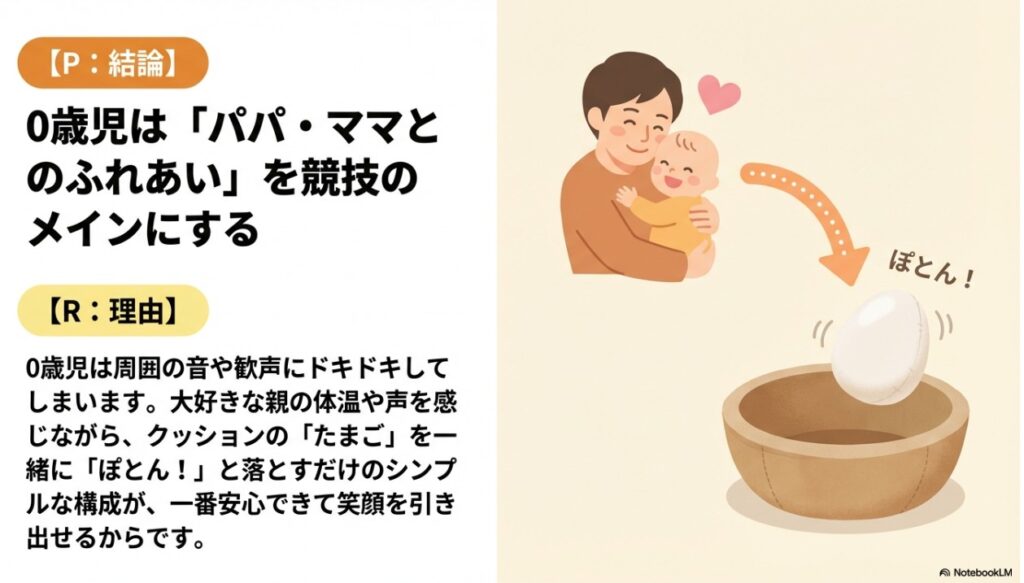 0歳児の親子競技「たまごをぽとん」でパパさんママさんとふれあうイメージイラスト