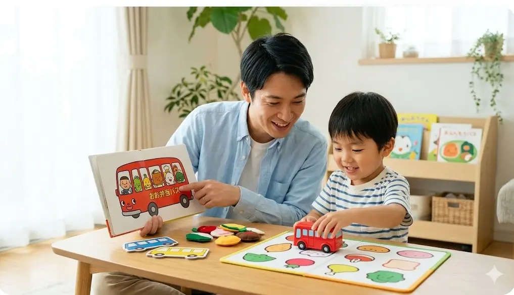 自宅のリビングで、日本人の親子（母、父、娘）が一緒にテーブルを囲み、無料サイトからダウンロードしたバスの絵を塗り絵して楽しんでいる様子。
