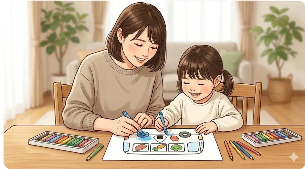 木製のテーブルで、日本人親子の母親と娘が一緒に無料サイトからダウンロードしたバスの絵を塗り絵している様子。
