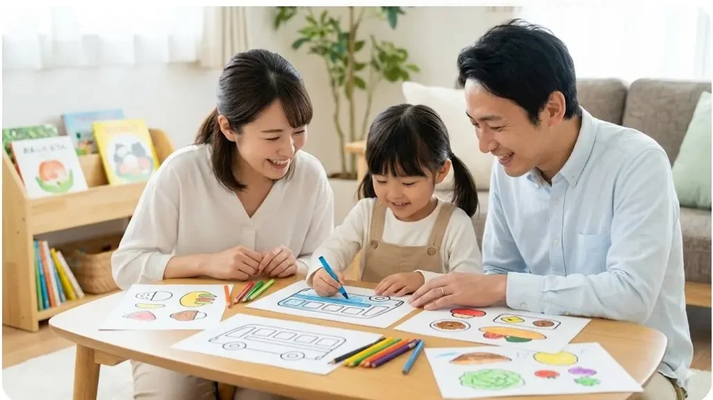 自宅のリビングで、日本人の親子（母、父、娘）が一緒にテーブルを囲み、無料サイトからダウンロードしたバスの絵を塗り絵して楽しんでいる様子。