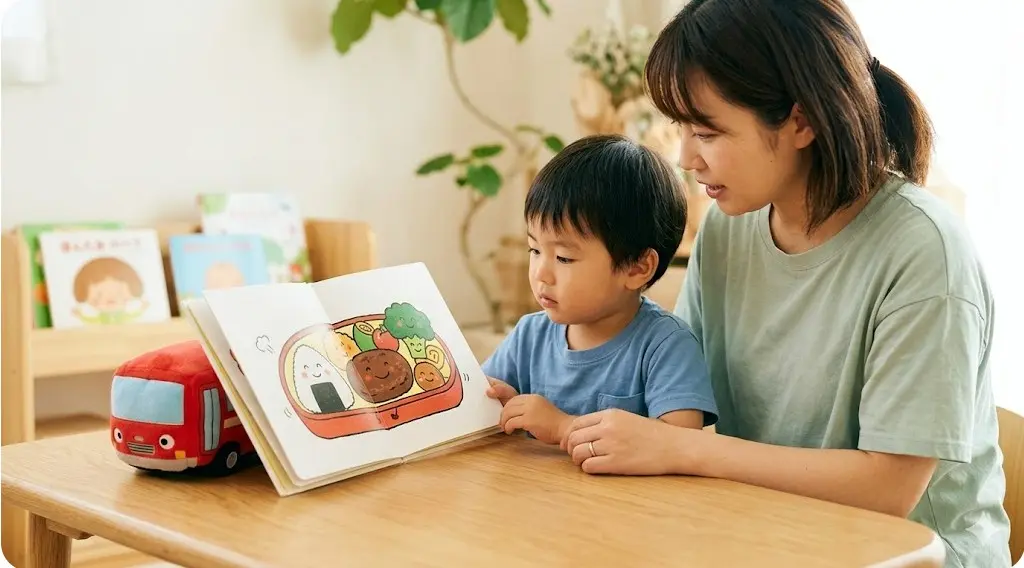 保育園のような場所で、日本人の母親が息子に「おべんとうバス」の絵本を読み聞かせ、子供が楽しそうに見入っている様子。