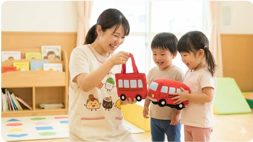 保育園の教室で、日本人保育士が、お弁当おかずキャラクターのアップリケが付いたトートバッグとバスのおもちゃを園児に見せ、子供たちが喜んでいる様子