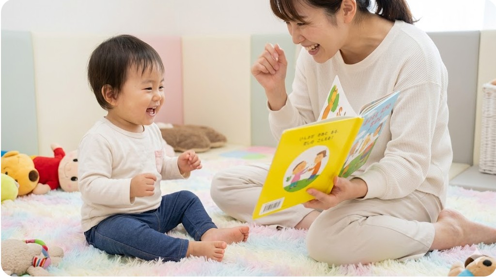 擬音語の絵本を読んで笑う赤ちゃんと母親