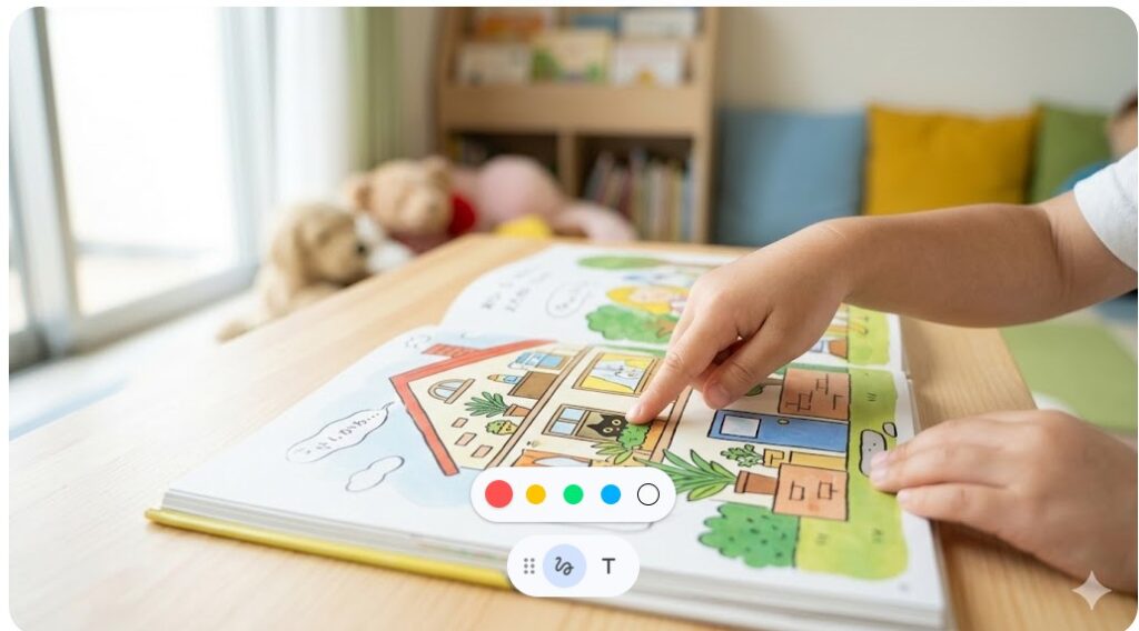 絵本『ねこいる!』を読んでいる、0歳の赤ちゃんが鮮やかな絵と音のリズムに反応している様子。