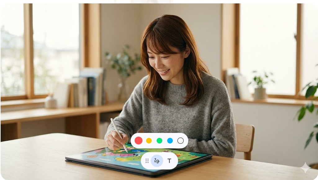 デジタルで制作した絵本作品を笑顔で確認し応募の準備をする日本人女性