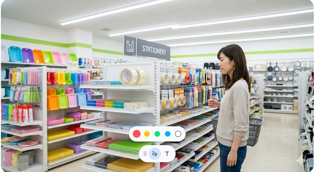 100円ショップの文具売り場で補修テープを選ぶ女性