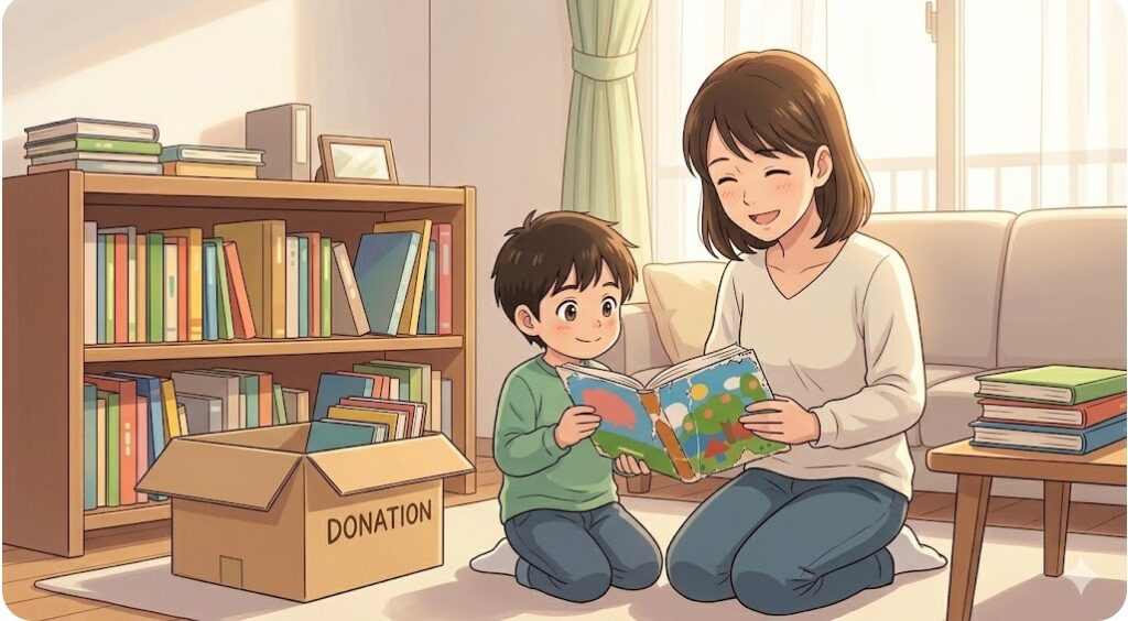 ボロボロになるまで読み込んだ絵本を大切そうに抱える子供と、優しく見守る母親。