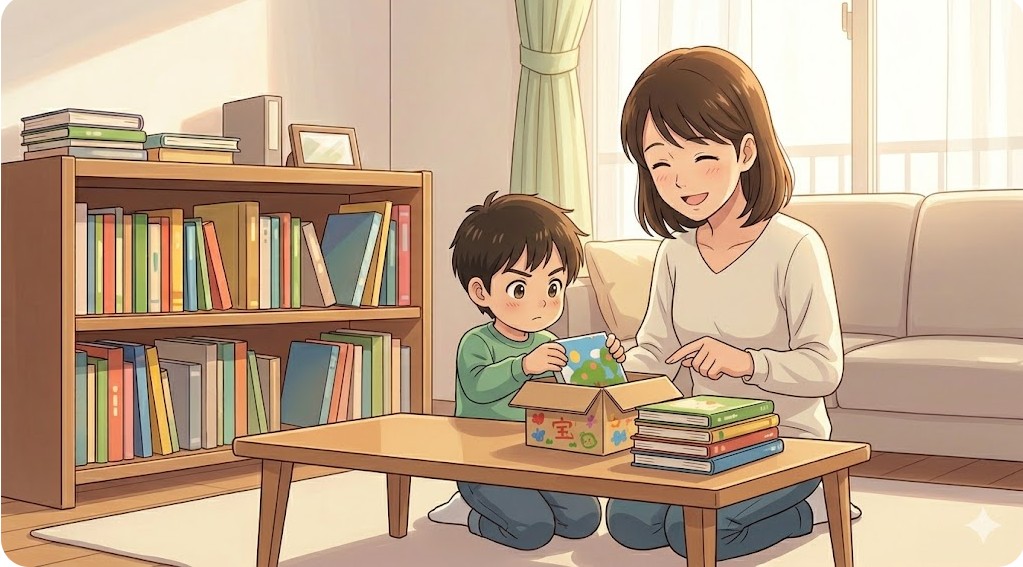 自分専用の「宝箱」にどの絵本を残すか真剣に選んでいる男の子の様子。