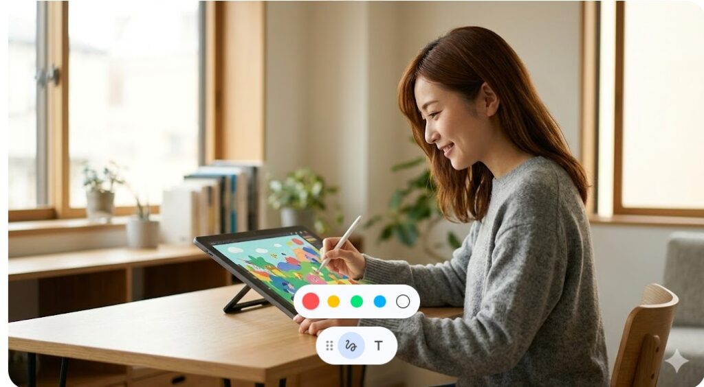 液晶タブレットとペンを使いデジタルで鮮やかな絵本のイラストを描く日本人女性