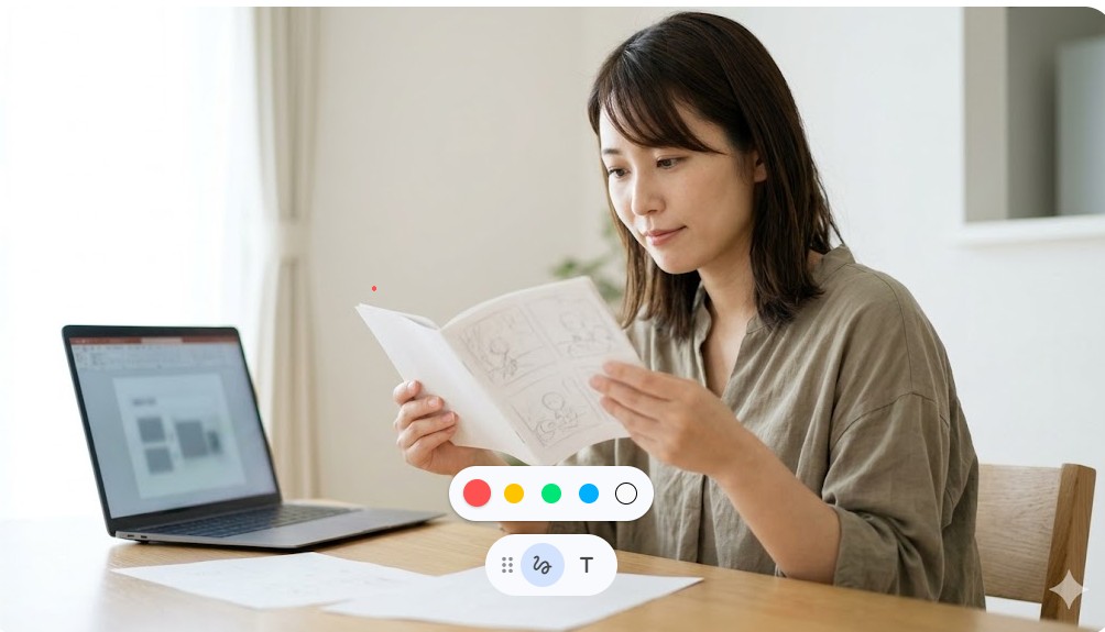 パソコンの横で作成したダミー本を手に取り、デジタルデータとの整合性をチェックする女性